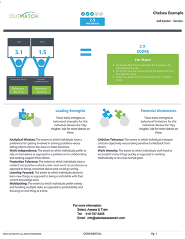 Pre-employment  Assessments - Selection report - OutMatch for Managers, Professionals, Executives - can do Hourly, Sales, Managers, Professionals, Executives - pre-employment selection, OutMatch Pre-employment  Assessment System, OutMatch Assessment Platform, hiring selection, formerly Assess for Managers, Professionals, Executives